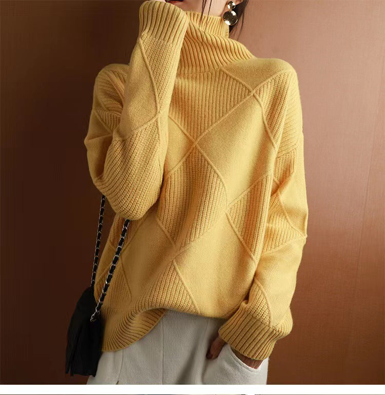 Chunky Turtleneck Sweater Diamond Pattern Pullover