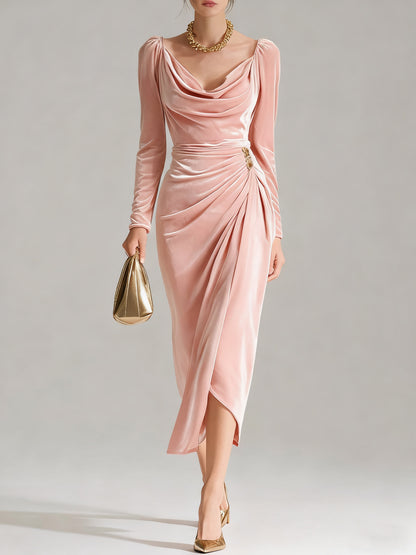 Sexy Velvet Ruched Long Sleeve Bodycon Midi Slit Dress