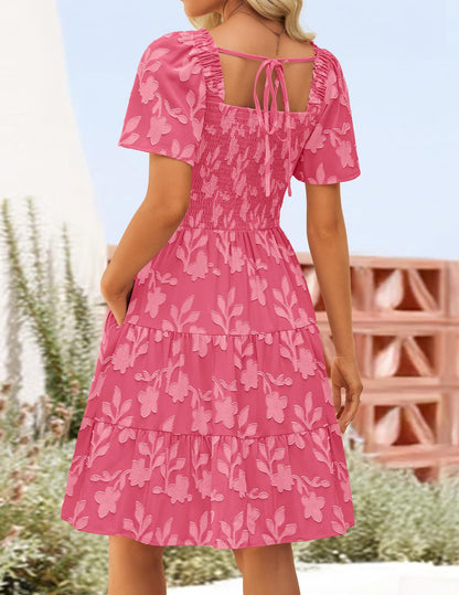 Smocked Square Neck Floral Tiered Mini Dress Flutter Sleeve