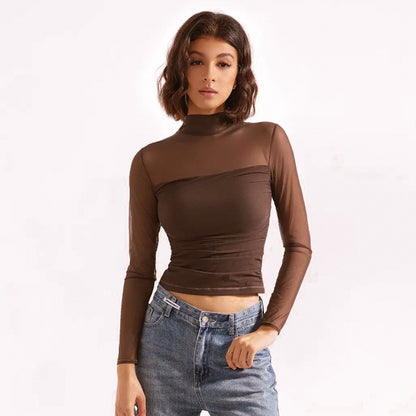 Sexy Sheer Mesh Mock Neck Long Sleeve Crop Top