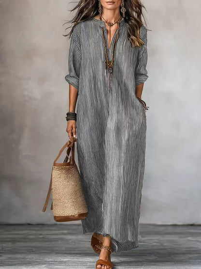 Striped V-Neck Maxi Dress Loose Casual 3/4 Sleeve