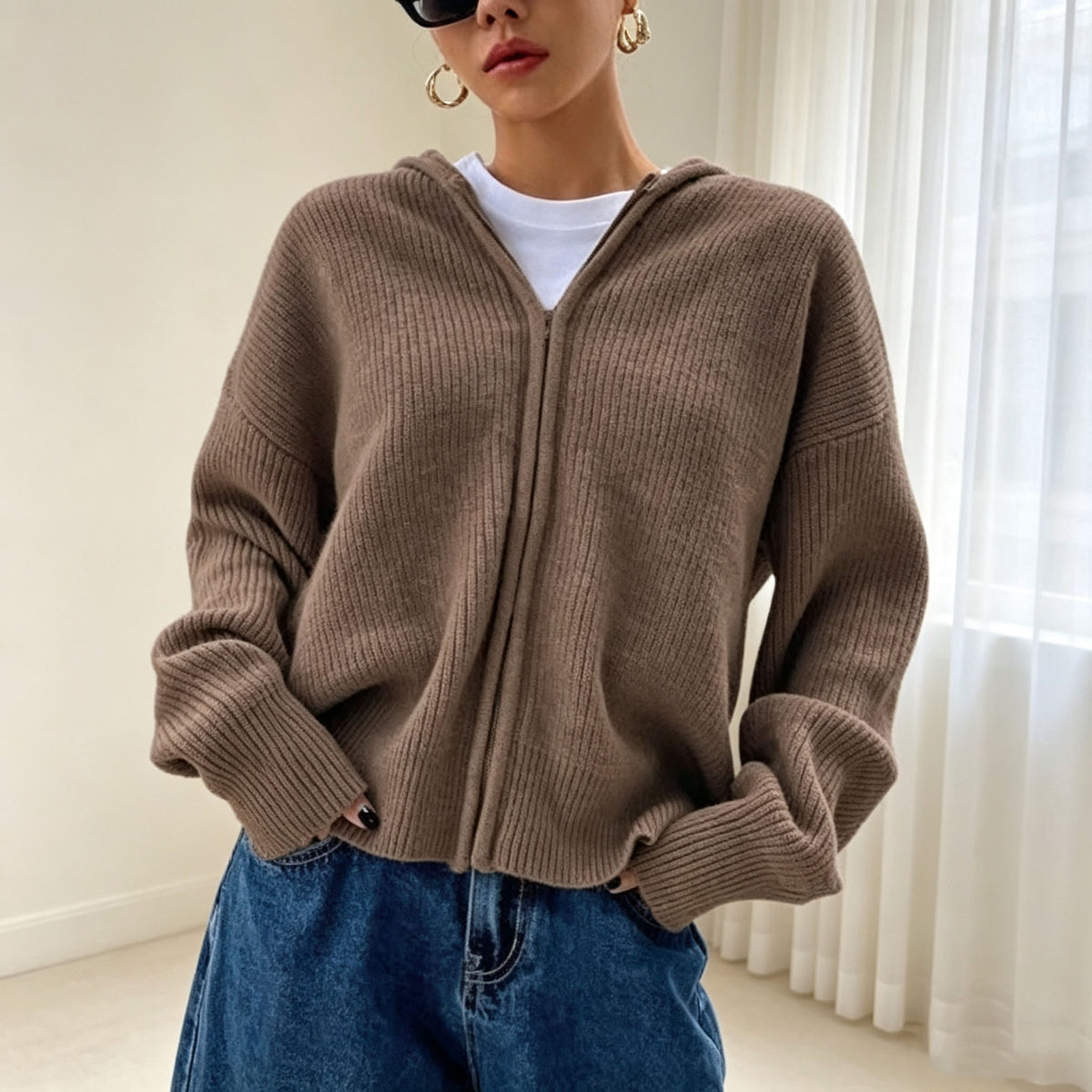 Women's Hooded Ribbed Zip Up Cardigan Sweater