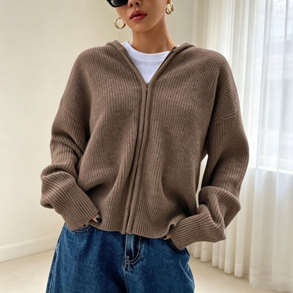 Women's Hooded Ribbed Zip Up Cardigan Sweater
