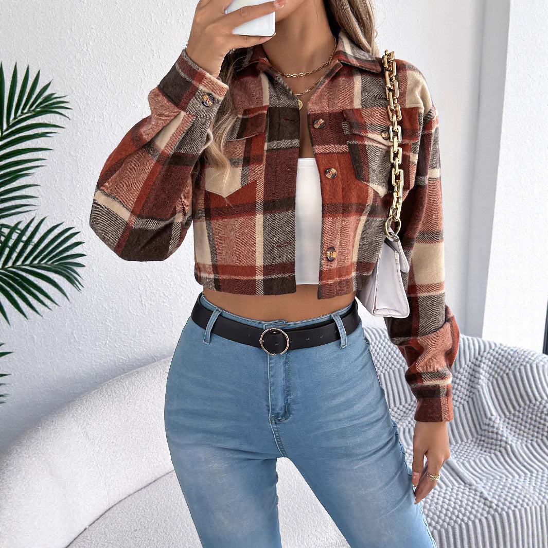 Women's Cropped Plaid Shacket Long Sleeve Button Front