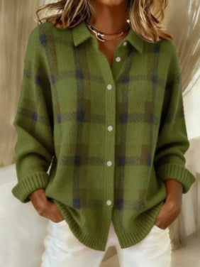 Plaid Collared Button Front Oversized Knit Cardigan