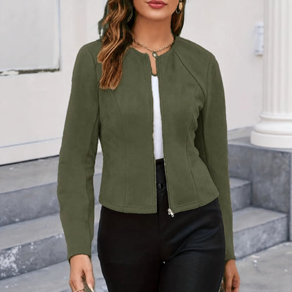 Women's Faux Suede Zip-Up Cropped Jacket Work Casual