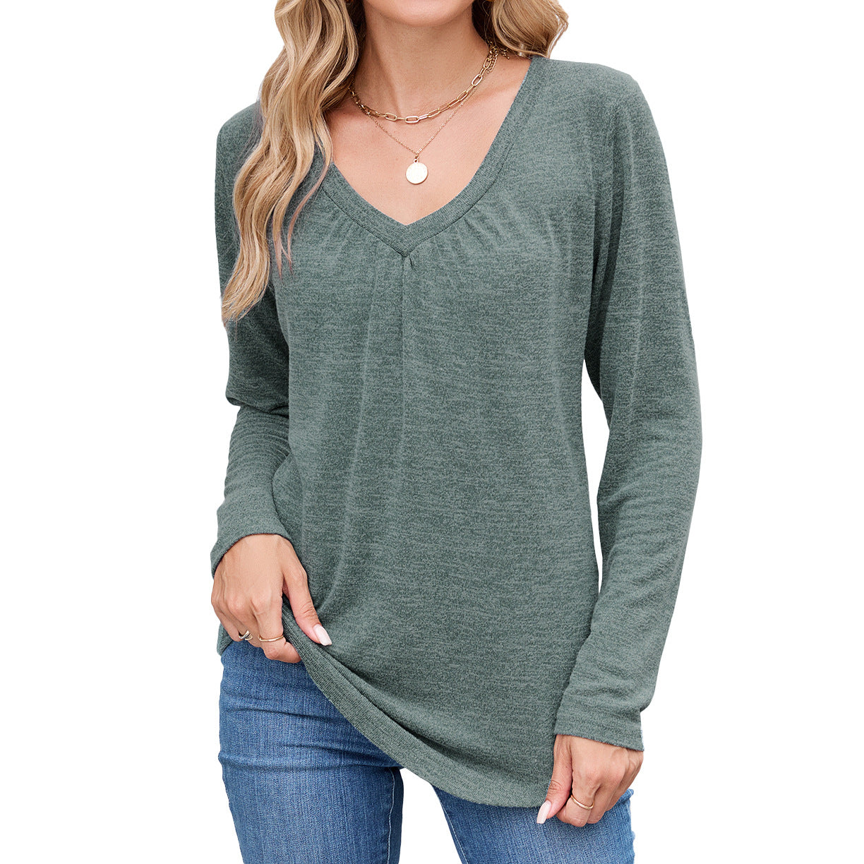 Women's Ruched V Neck Long Sleeve Loose Tunic Top