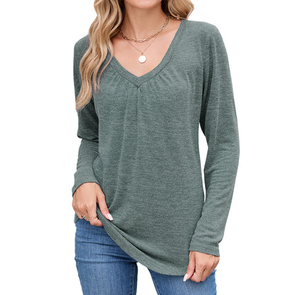 Women's Ruched V Neck Long Sleeve Loose Tunic Top