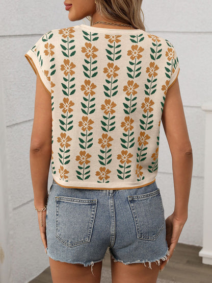 Women’s Vintage Floral Knit Crop Top Cap Sleeve Tee