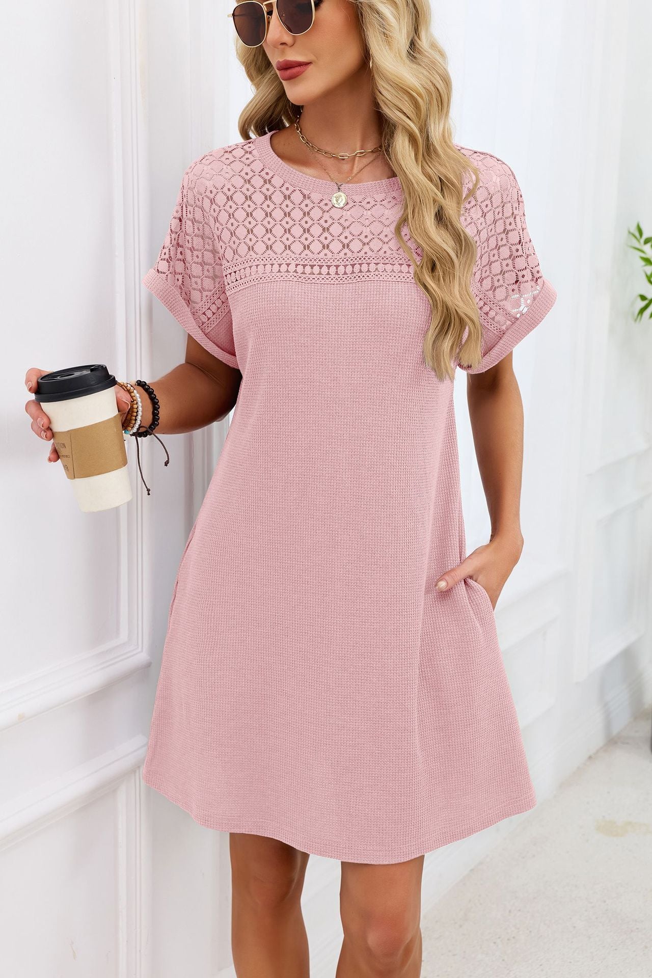 Blue Gray Yoke Loose T Shirt Dress Crew Neck