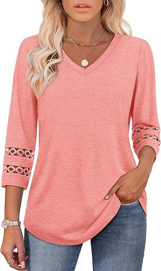White V-Neck Lace Sleeve Casual Knit Top for Women