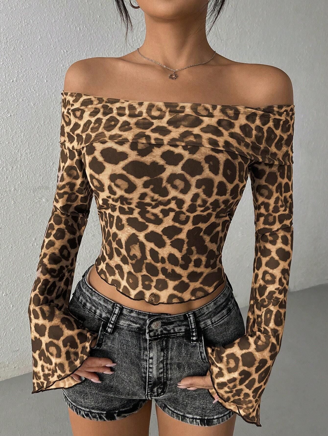 Sexy Leopard Print One-Shoulder Mesh Long Sleeve T-Shirt