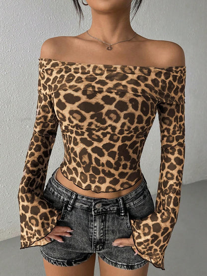 Sexy Leopard Print One-Shoulder Mesh Long Sleeve T-Shirt