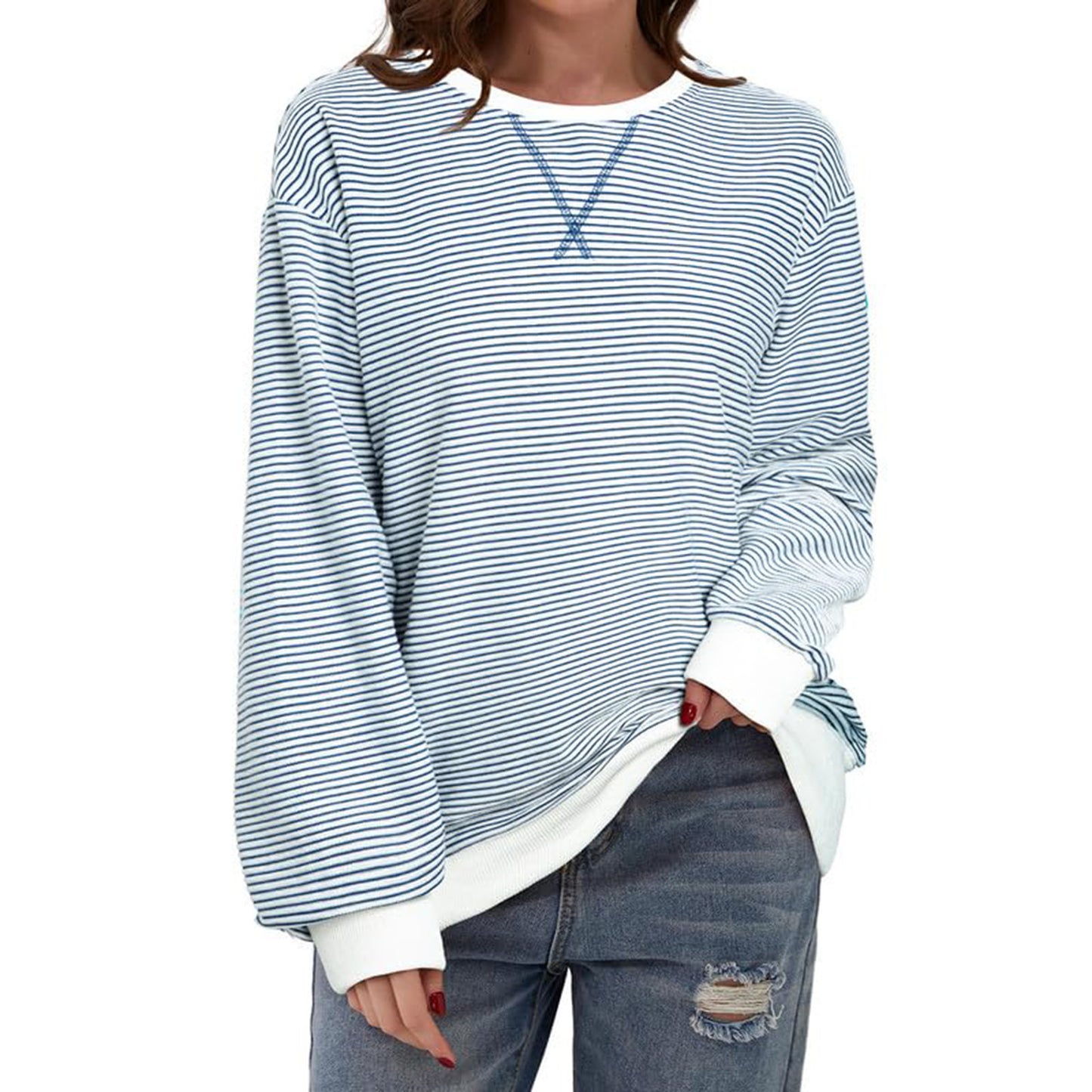 Women's Striped Oversized Color Block Long Sleeve Top