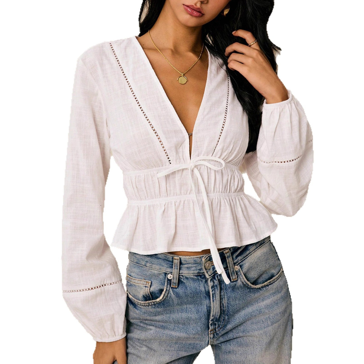 Boho Deep V Neck Lace Trim Tie Waist Peplum Top