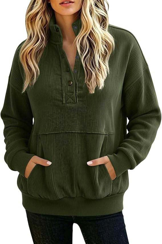 Corduroy Henley Sweatshirt Women Long Sleeve Button Pocket