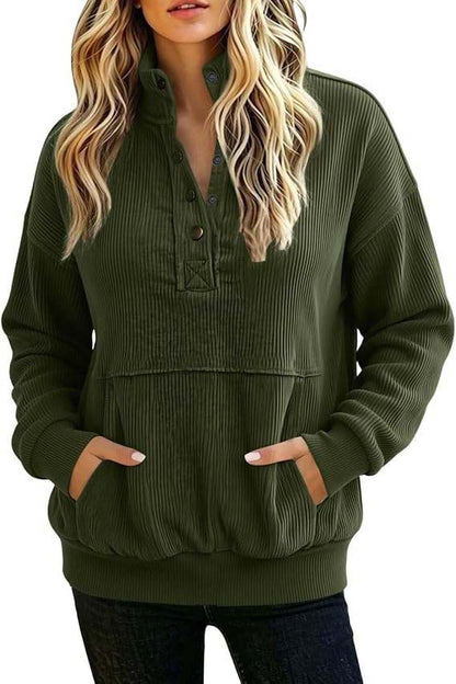 Corduroy Henley Sweatshirt Women Long Sleeve Button Pocket