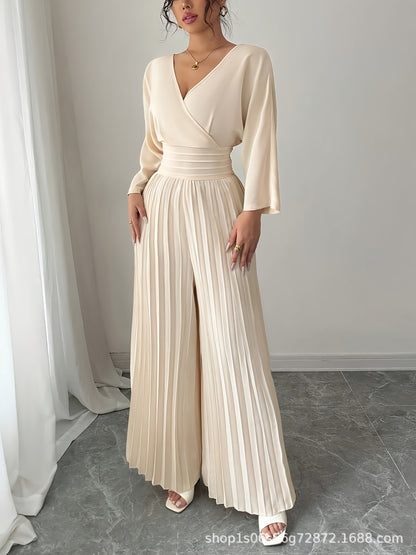 V-Neck Tie Back Pleated Wide Leg Jumpsuit