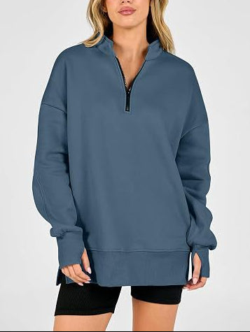 Oversized Half Zip Sweatshirt Side Slit Pullover Tunic