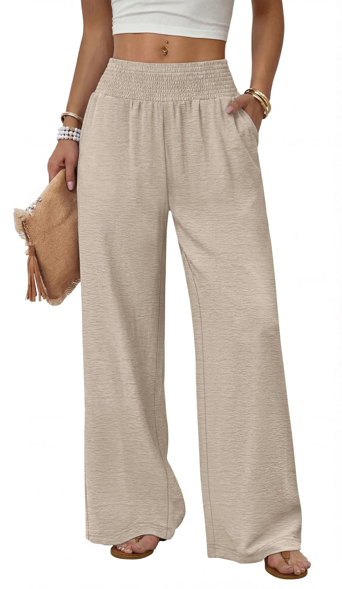 Women High Waisted Wide Leg Smocked Casual Pants