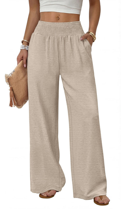 Women High Waisted Wide Leg Smocked Casual Pants