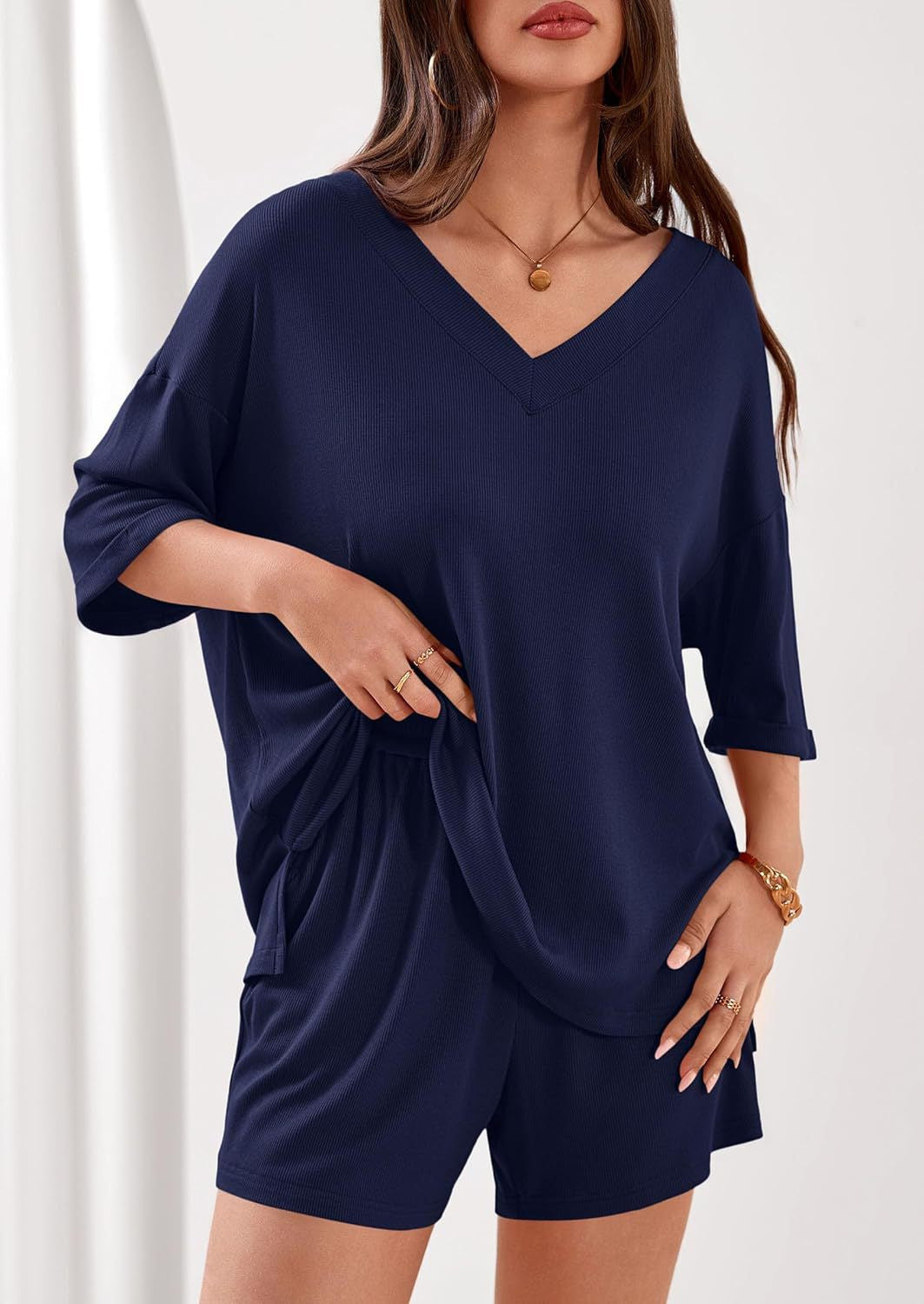Ribbed V Neck Lounge Set Oversized Top Shorts Set