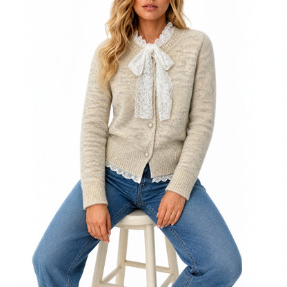 Women's Lace Bow Pearl Button Cropped Knit Cardigan