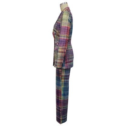 Women Plaid Blazer Pants Set Trendy Two Piece Suit