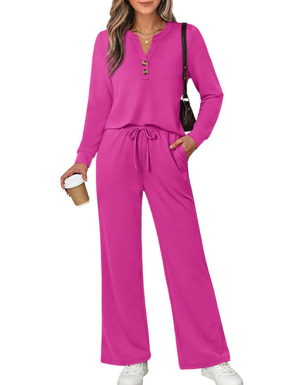 Women's 2 Piece Lounge Set Henley Top Wide Leg Pants