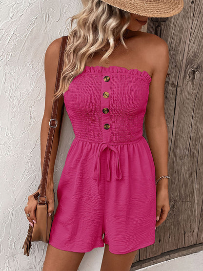 Solid Smocked Tube Romper Button Tie Waist