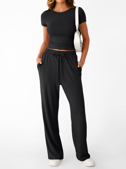 Crop Tee & Wide Leg Pants Lounge Set for Women