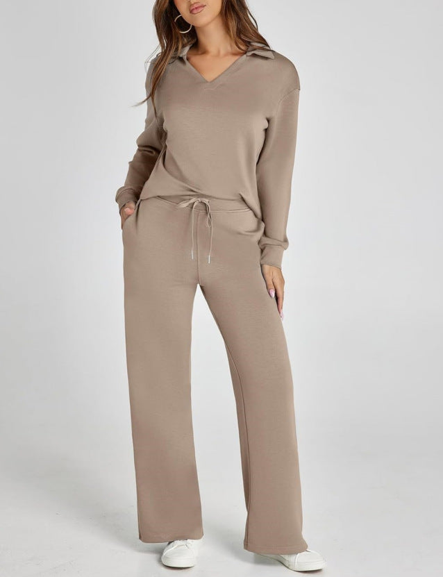 Women’s V Neck Two Piece Set Wide Leg Pants Outfit