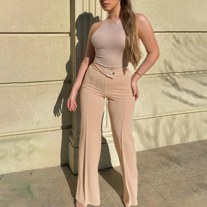 Women High Waist Ribbed Velvet Wide Leg Pants