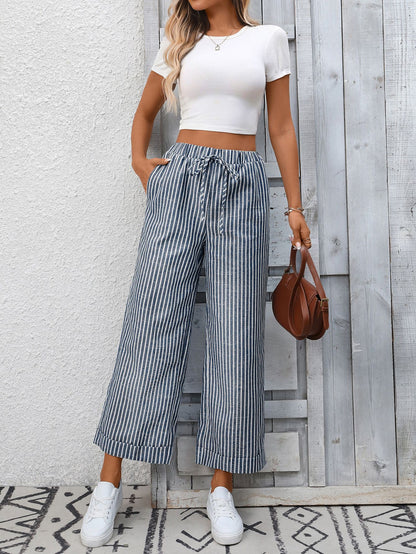 Striped High Waist Drawstring Wide Leg Summer Pants