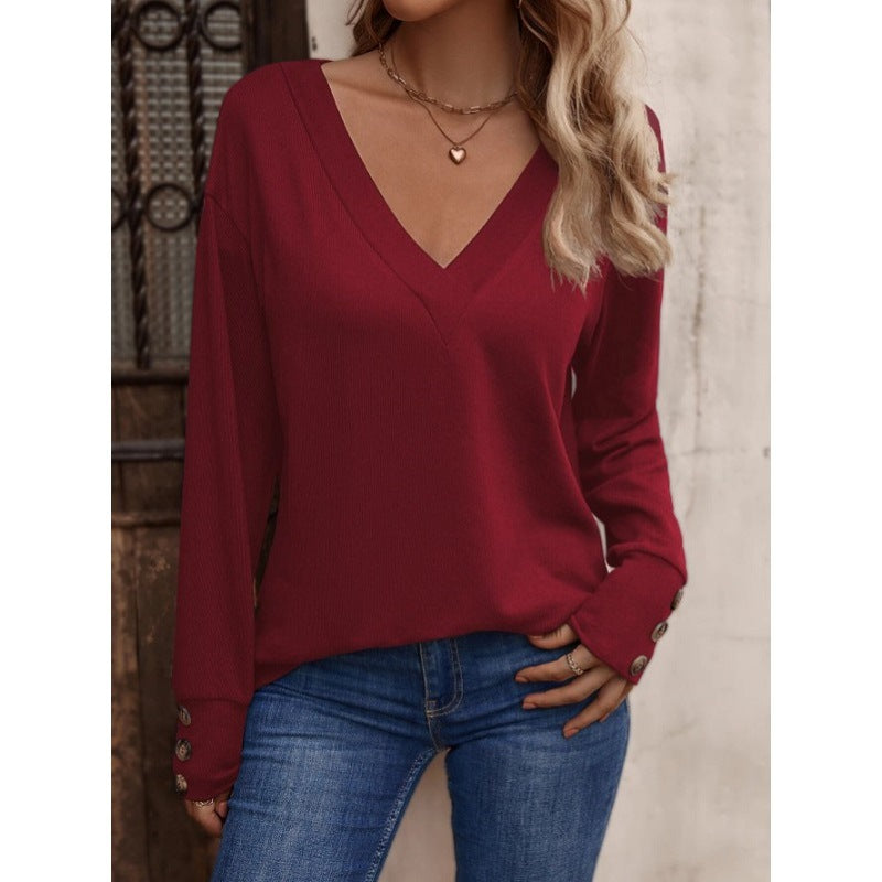 V Neck Button Cuff Long Sleeve Blouse Women Casual Top