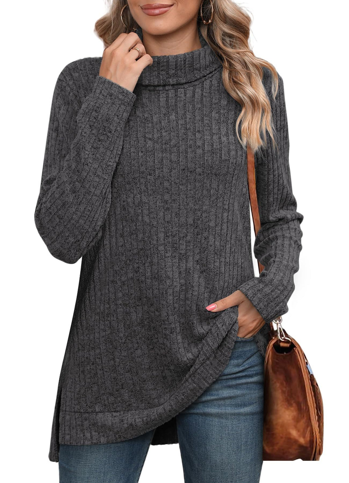 Women's Oversized Cowl Neck Long Sleeve Side Slit Tunic Top