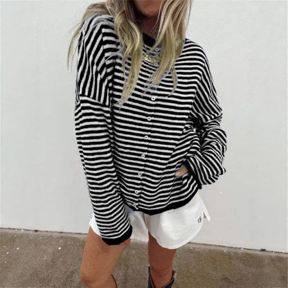 Women's Streetwear Striped Knit Button Cardigan Sweater