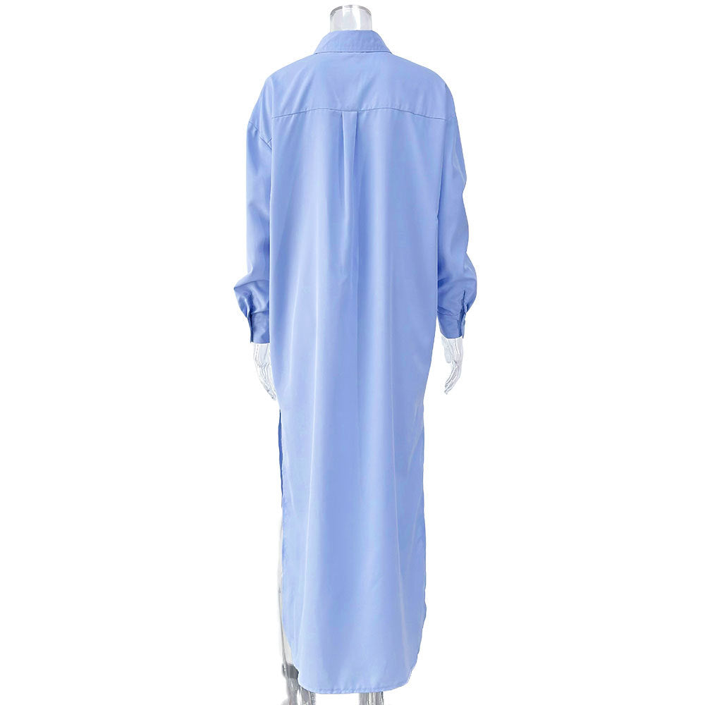 Cotton Maxi Shirt Dress Long Sleeve Collared Slit