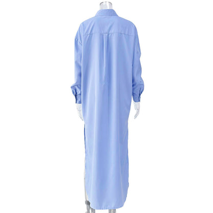 Cotton Maxi Shirt Dress Long Sleeve Collared Slit