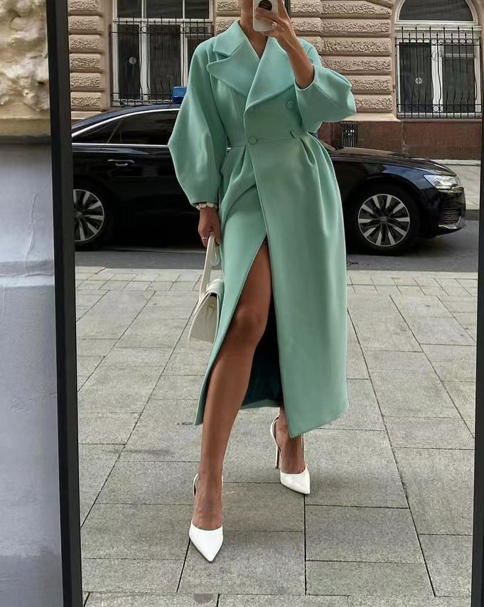 Women Wool Coat Double Breasted Balloon Sleeve Notch Lapel