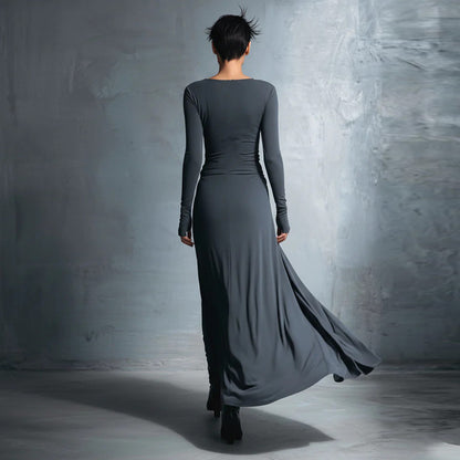 Women's Long Sleeve Knot Waist Maxi Dress A-Line