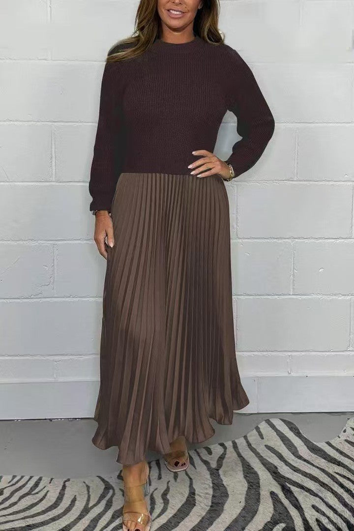 Women's Colorblock Ribbed Pleated Maxi Dress Long Sleeve