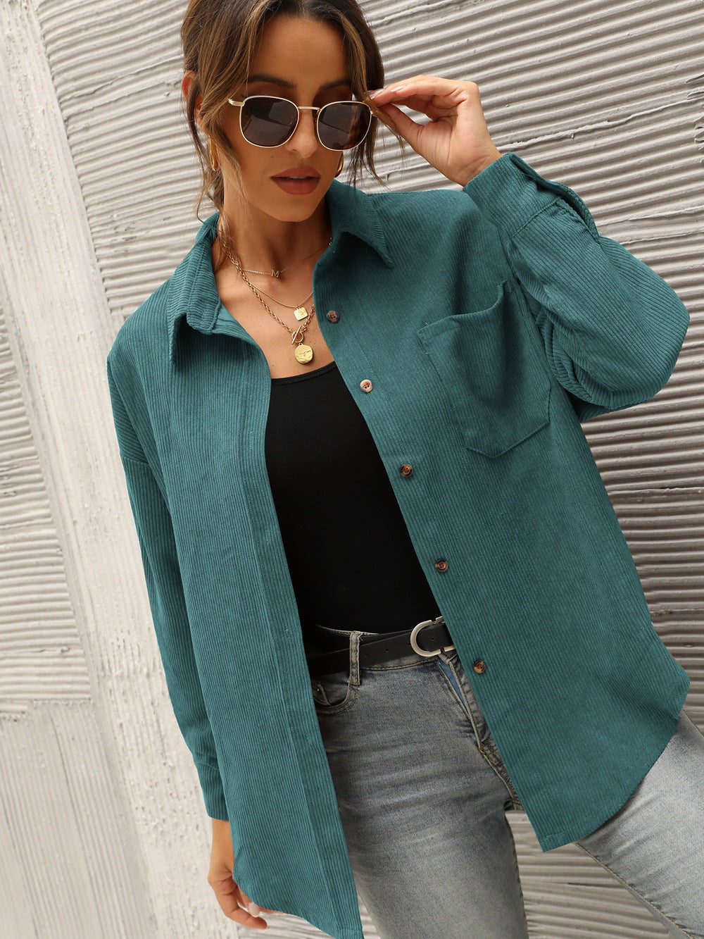 Oversized Corduroy Button-Down Shirt with Chest Pocket