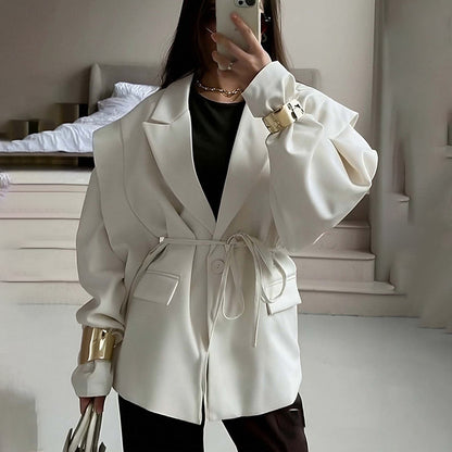 Women Tie Waist Blazer Puff Sleeve Solid Lightweight Jacket