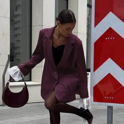 Womens Oversized Striped Blazer Flare Sleeve Burgundy