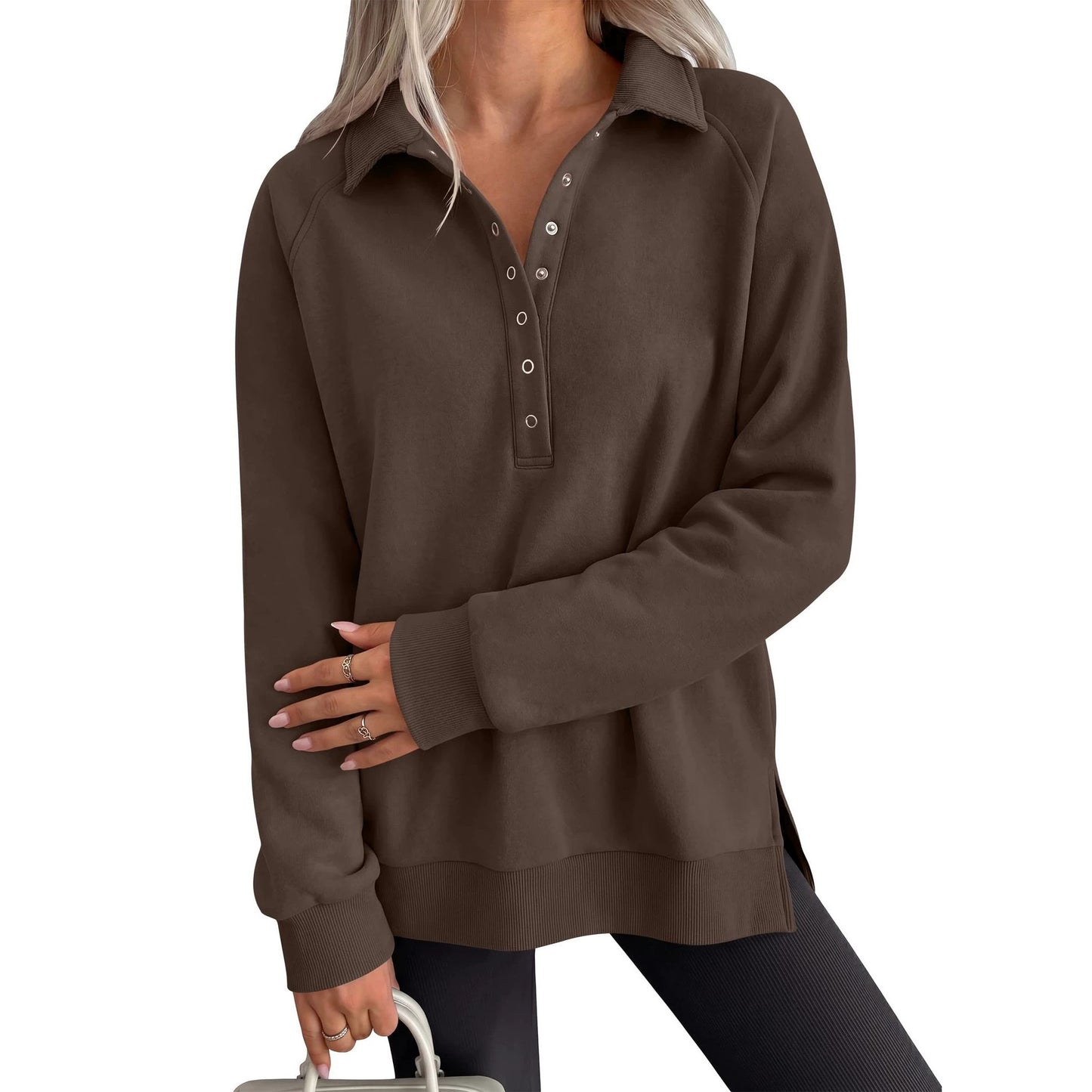 Women's Oversized Collared Button Pullover Sweatshirt
