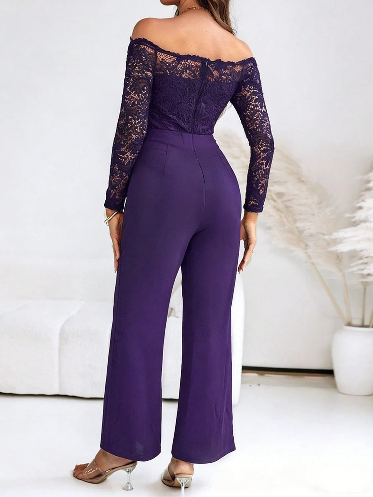Women's Off Shoulder Lace Long Sleeve Wide Leg Jumpsuit