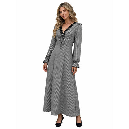 Women's Plaid V-Neck Ruffle Long Sleeve Maxi Dress