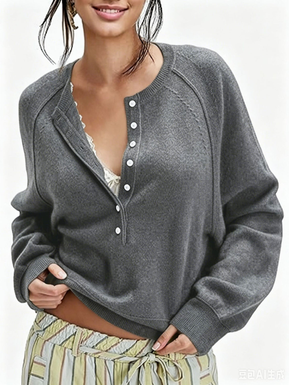 Women's Oversized Henley Sweater Button Front Knit Pullover