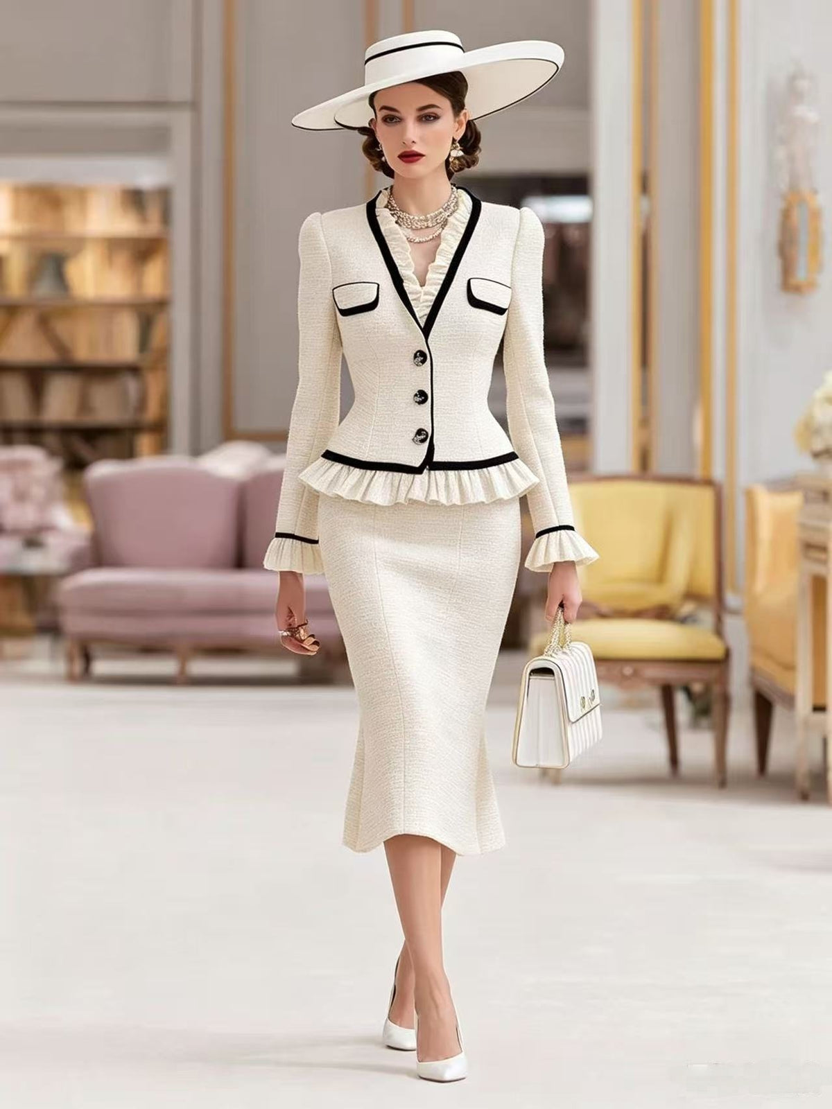 Elegant Colorblock Peplum Jacket Midi Skirt Matching Set